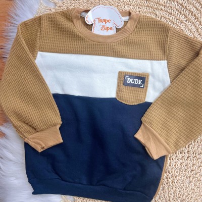 Conj. Casaco Dude com Bolsinho e Calça de Moletom - Marinho e Caramelo